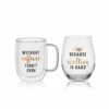 Brand new 😍 Mikasa® Double Wall Mug and Stemless Wine Glass Set of 2, Caffeine Wine Sentiment ⌛ -Hot Sale barware Store stemless set of 2 caffeine wine glass and glass mug 5281857 1