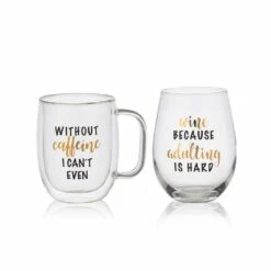 Brand new 😍 Mikasa® Double Wall Mug and Stemless Wine Glass Set of 2, Caffeine Wine Sentiment ⌛