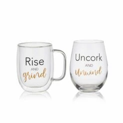 Top 10 🎉 Mikasa® Double Wall Mug and Stemless Wine Glass Set of 2, Rise and Unwind Sentiments ⭐