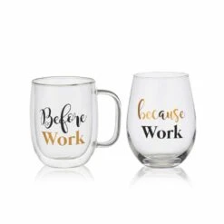 Wholesale ⭐ Mikasa® Double Wall Mug and Stemless Wine Glass Set of 2, Work Sentiment 😍