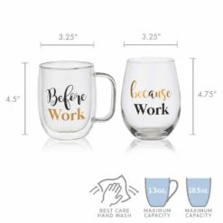 Wholesale ⭐ Mikasa® Double Wall Mug and Stemless Wine Glass Set of 2, Work Sentiment 😍 -Hot Sale barware Store stemless set of 2 work wine glass and glass mug 5281856 5